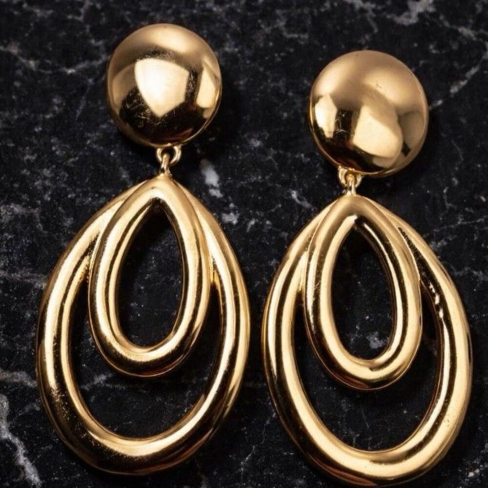 Gold Teardrop Dangle Earrings Double Drop Statement 80s Vintage Runway